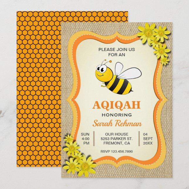 Invitation Mignonne Bébé Fille Abeille Aqiqah (Devant / Derrière)