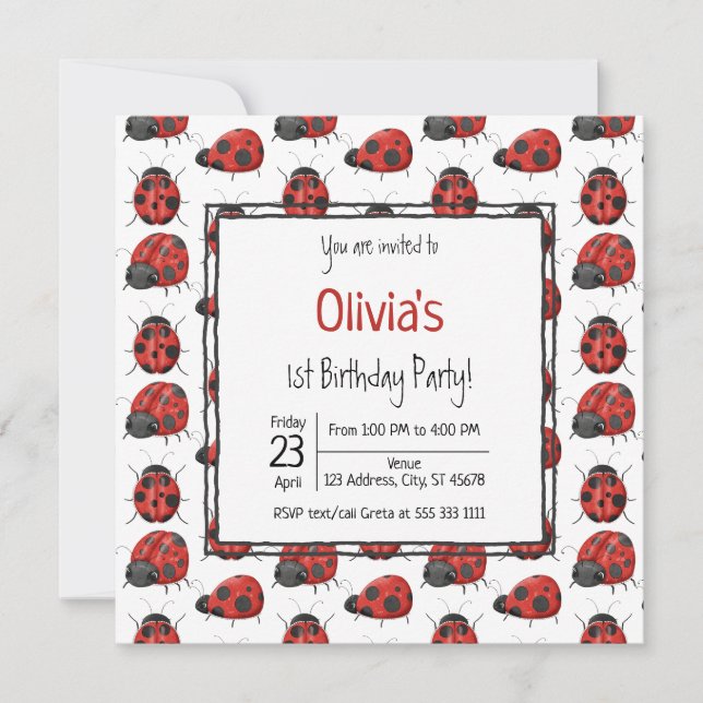 Invitation Mignonne Black Red Ladybug Motif 1ère fête d'anniv (Devant)