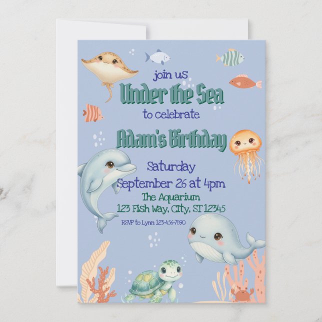 Invitation Mignonne, Bleue, Sous la mer Anniversaire (Devant)