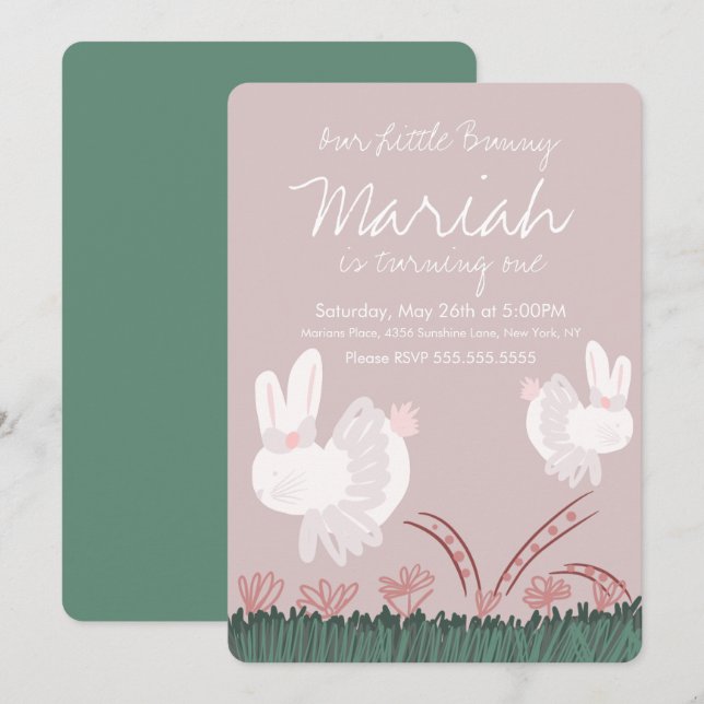 Invitation Mignonne Bunny Pâques 1er Anniversaire Main tirée (Devant / Derrière)