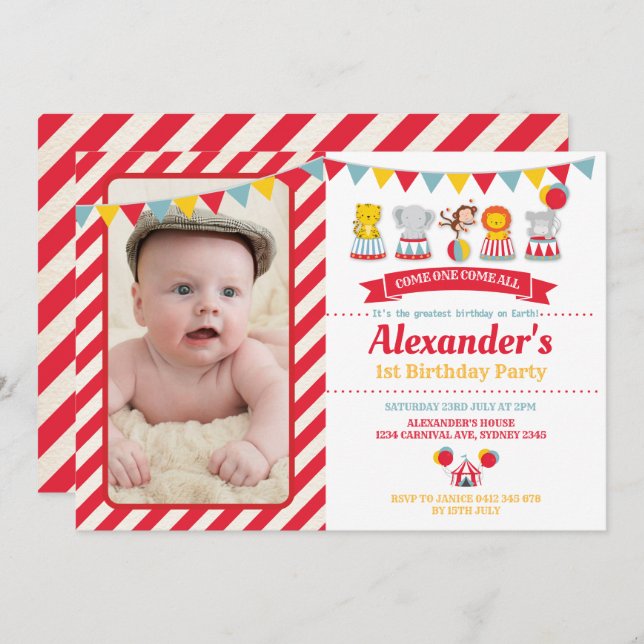 Invitation Mignonne Carnival Cirque Animaux Anniversaire Phot (Devant / Derrière)
