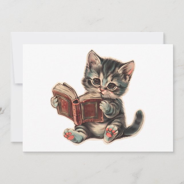 Invitation Mignonne chat lecture livre enfants rétro illustra (Devant)