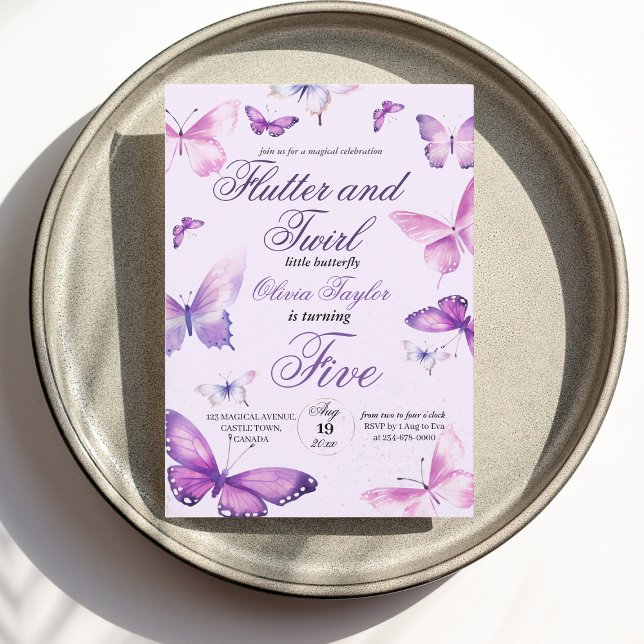 Invitation Mignonne Elegant Butterfly Girls 5e anniversaire (Créateur téléchargé)