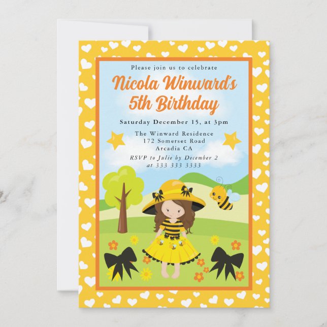 Invitation Mignonne Fille d'anniversaire avec Cheveux Bruns e (Devant)