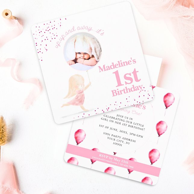 Invitation Mignonne fille lapin Whimsical 1er anniversaire ph (Simple Cute Whimsical Bunny Rabbit Girls 1st birthday party invitation with pink balloons & confetti)