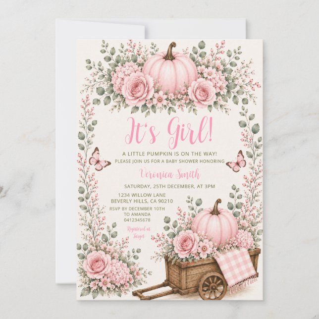 Invitation Mignonne Fille Rose Bébé Citrouille Fleurie Shower (Devant)
