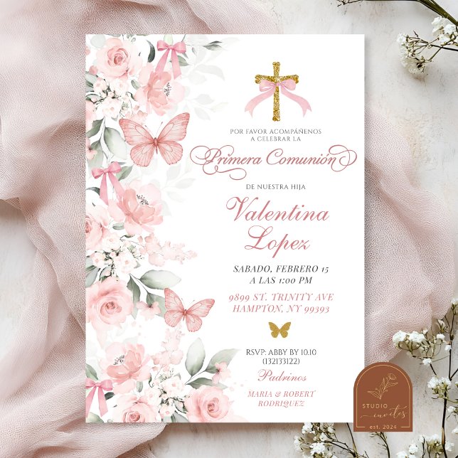 Invitation Mignonne Florale Papillon Première Communion Rose (Créateur téléchargé)