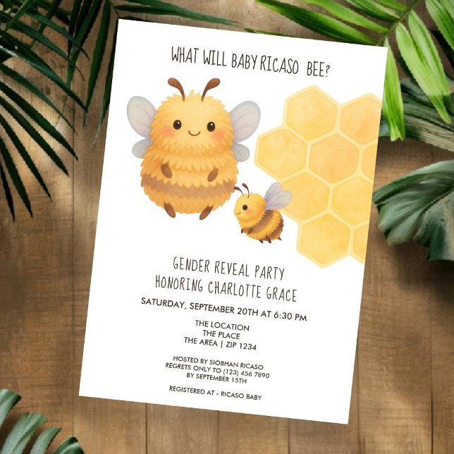 Invitation Mignonne Genre Révèle Ce Qui Va Bébé Baby shower A (Cute Gender Reveal What Will Baby Bee Baby Shower Invitation by Ricaso. Fluffy Bumble Bee mom & baby)