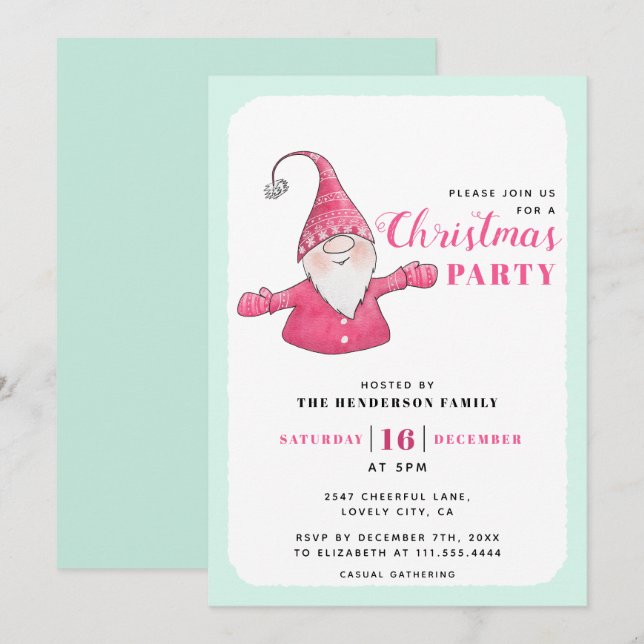 Invitation Mignonne Gnome Soirée de Noël verte et rose (Devant / Derrière)