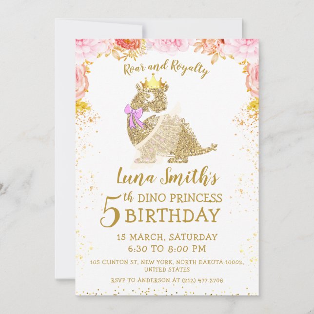 Invitation Mignonne Gold Princesse Petit Dinosaure Fille Anni (Devant)