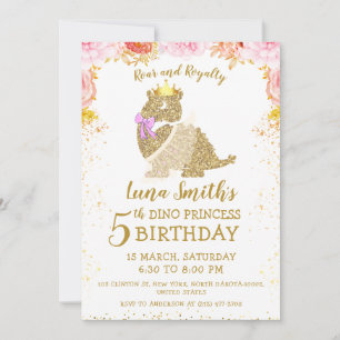 Invitation Mignonne Gold Princesse Petit Dinosaure Fille Anni