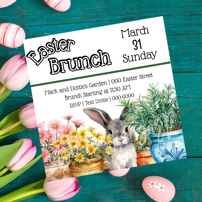 Invitation Mignonne lapin de Pâques dans le jardin Brunch de  (Easter bunny in the garden customizable Easter Brunch party invitations. )