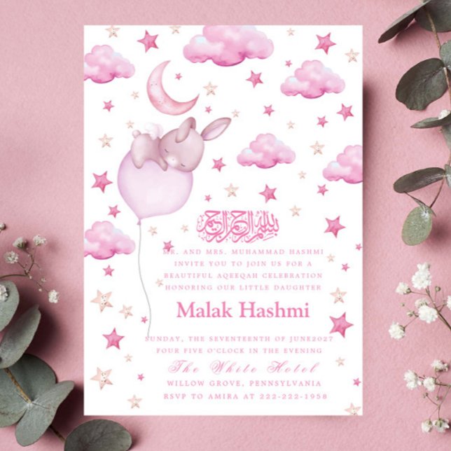 Invitation Mignonne lapin et étoile bébé fille islamique Aqiq (Créateur téléchargé)