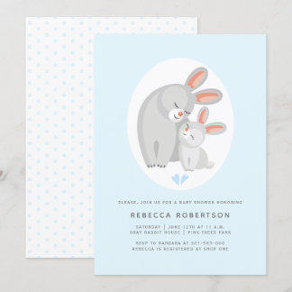Invitation Mignonne lapin mère et lapin bleu bébé garçon douc