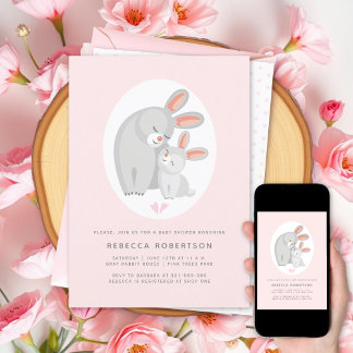 Invitation Mignonne lapin mère et lapin rose bébé douche