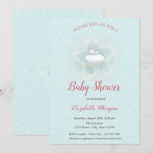 Invitation Mignonne lapin, Nuage, Etoiles Baby shower de poin (Devant / Derrière)