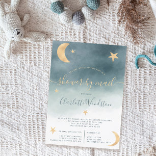 Invitation Mignonne lune or étoiles baby shower bleu par cour