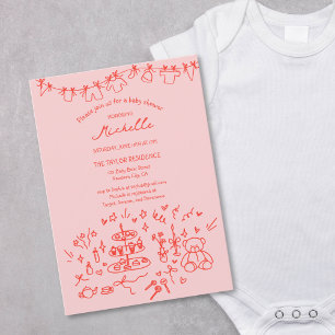 Invitation Mignonne main Whimsical tiré Baby shower rouge ros