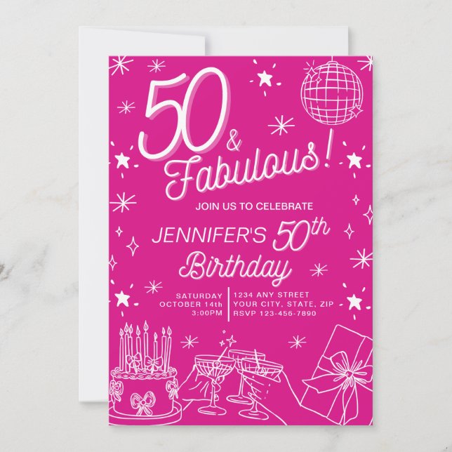 Invitation Mignonne Main Whimsical Tirée 50 Et Fabuleux Anniv (Devant)