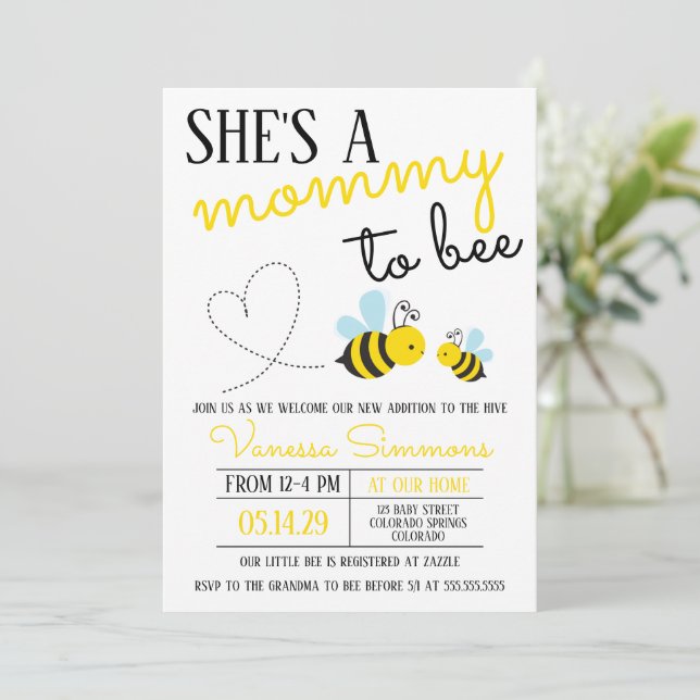 Invitation Mignonne maman jaune à Baby shower d'abeille (Debout devant)