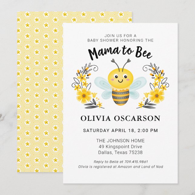 Invitation Mignonne maman jaune à Baby shower d'abeille (Devant / Derrière)