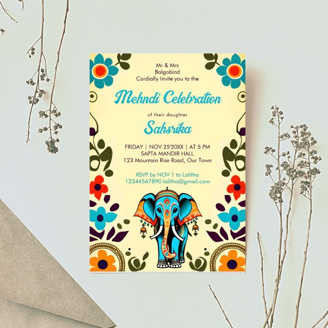 Invitation Mignonne mariage indien éléphant mehndi modèle (Cute Indian wedding cute elephant Mehndi editable template invitation digital download groovy retro)