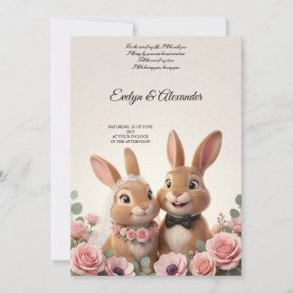 Invitation Mignonne mariée lapin et jeune marié floral rose b