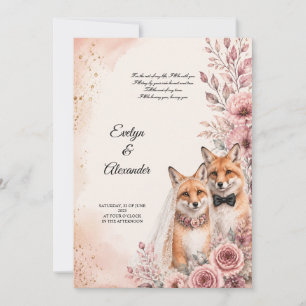 Invitation Mignonne Mariée Renard et Marié Rose Floral Or