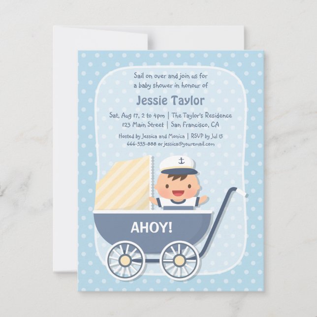 Invitation Mignonne marin en poussette, Baby shower nautique (Devant)