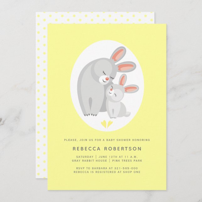 Invitation Mignonne mère lapin, lapin jaune pâle baby shower (Devant / Derrière)