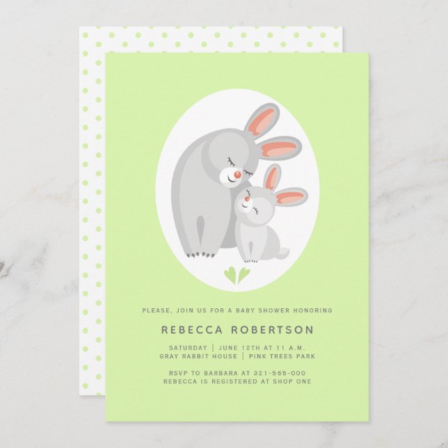 Invitation Mignonne mère lapin, lapin vert pâle baby shower (Devant / Derrière)