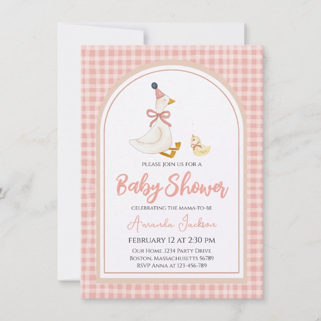 Invitation Mignonne Mère Oie & Gosling Baby shower rose (Devant)