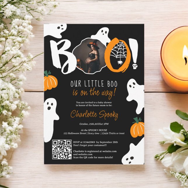 Invitation Mignonne nos petits fantômes de livres baby shower (Cute our little boo ghosts black photo baby shower invitation)