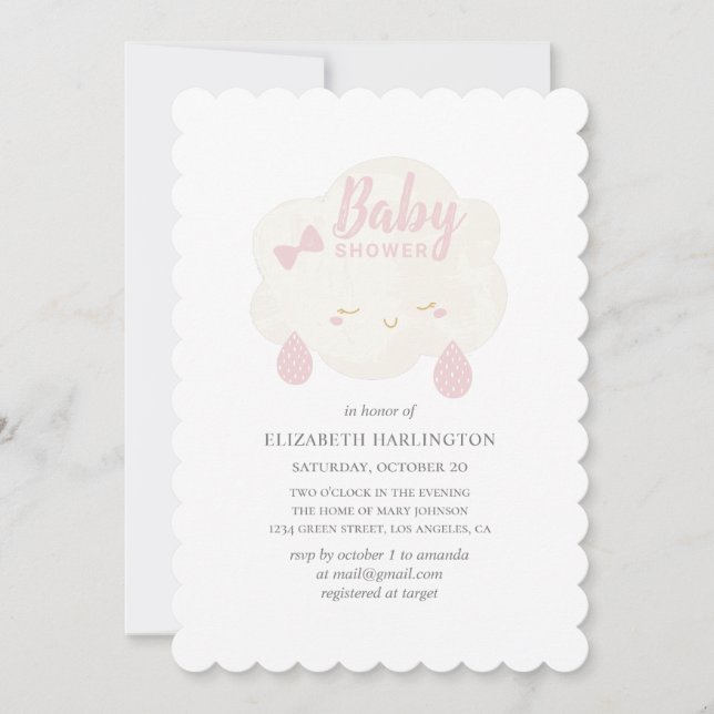 Invitation Mignonne nuage de fille rose. Pluie de baby shower (Devant)