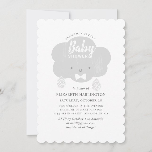 Invitation Mignonne nuage gris garçon. Pluie de baby shower g (Devant)