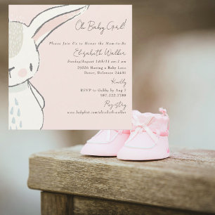 Invitation Mignonne Oh Bébé Fille Lapin Rose Carré Baby Showe