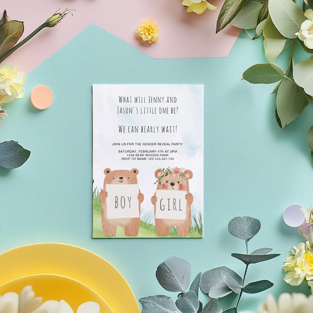 Invitation Mignonne Ours Genre Reveilla Party Boy or girl sig (Adorable bearly wait gender reveal. Two cute bears—one holding a “Boy" sign the other "Girl" sign)