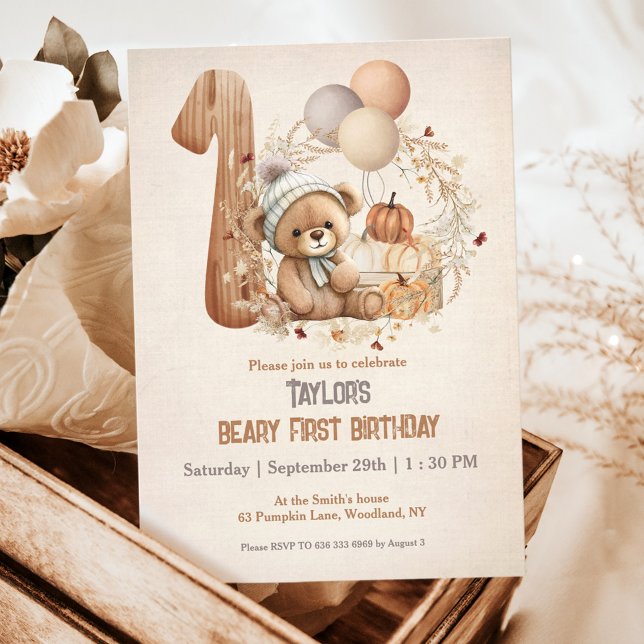 Invitation Mignonne Ours Teddy Automne Citrouille Béary 1er a (Cute Teddy Bear Fall 1st Birthday Invitation, beary first Birthday)