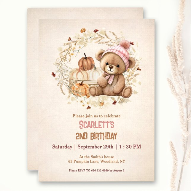 Invitation Mignonne Ours Teddy Automne Citrouille Fille Anniv (Cute Teddy Bear Fall Pumpkins Girl Birthday Invitation)