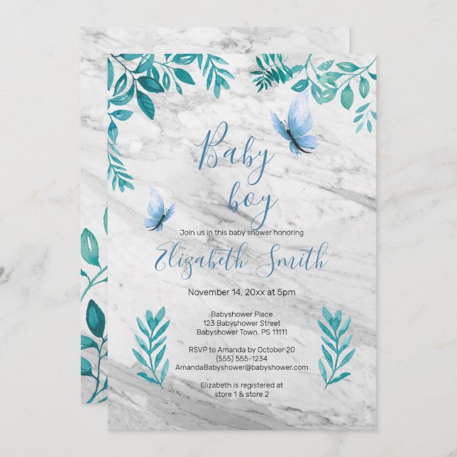 Invitation Mignonne papillon bleu d'aquarelle fleurie de marb (Devant / Derrière)