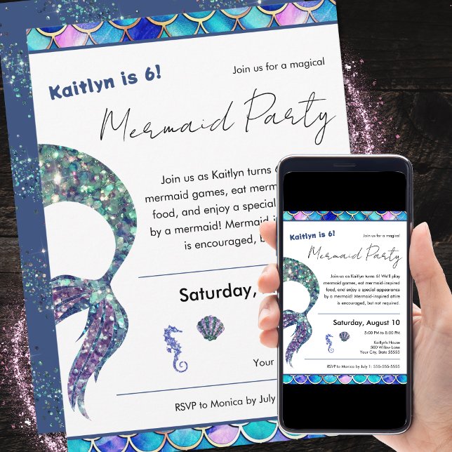 Invitation Mignonne Parties scintillant Fille Sirène Fête d'a (Créateur téléchargé)