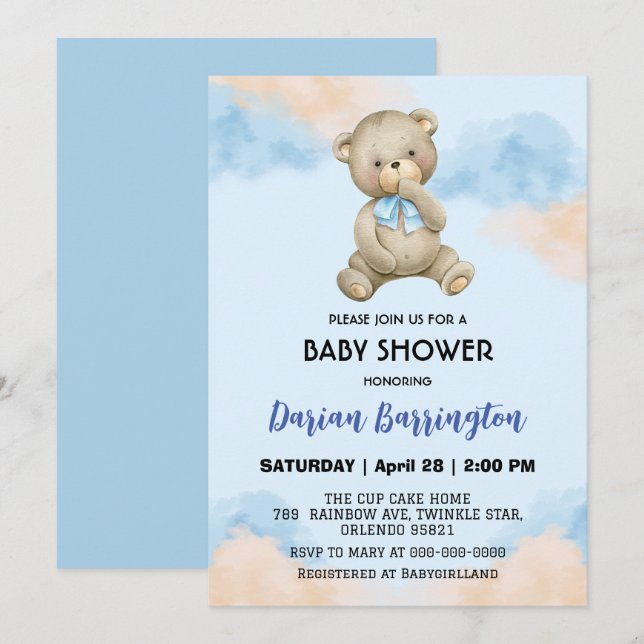 Invitation Mignonne peluche Ours Gradient ciel bébé douche ga (Devant / Derrière)