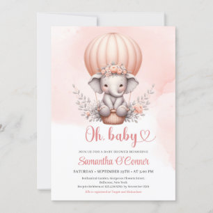 Invitation Mignonne petit éléphant en rose montgolfière fille