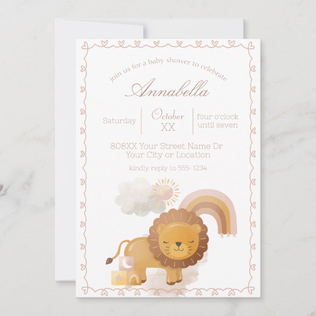 Invitation Mignonne petite fille Boho Lion et Arc-en-ciel (Devant)