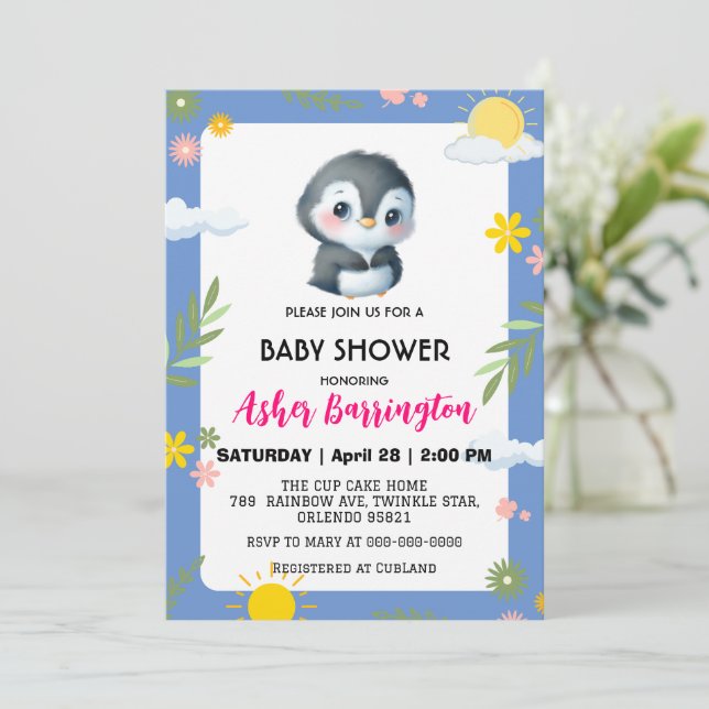 Invitation Mignonne pingouin soleil fleur baby shower enfants (Debout devant)