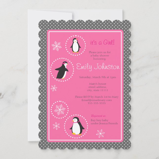 Invitation mignonne pingouins fille baby shower 5 x 7 invitat (Devant)