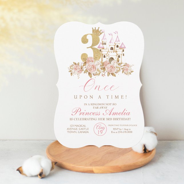 Invitation Mignonne Pink Castle Gold Crown Princesse 3e anniv (Créateur téléchargé)