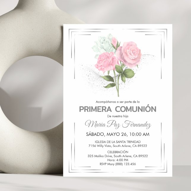 Invitation Mignonne Primera Comunion Roses Roses Roses Rose P (Créateur téléchargé)