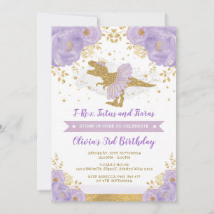 Invitation Mignonne Purple Gold Princesse Dinosaur Fille Anni