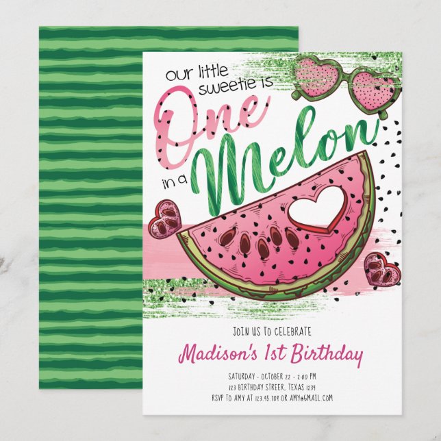 Invitation Mignonne Rose Vert Un Dans Un Melon 1er Anniversai (Devant / Derrière)